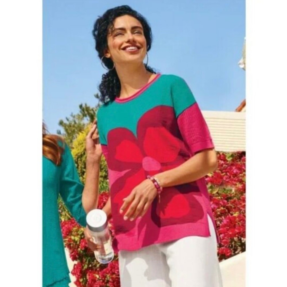 Soft‎ Surroundings Biosphere Pink Flower Knitted Sweater Tee Short Sleeve Medium
